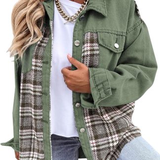 Oversized Denim Jacket Casual Long Sleeve Button Down Plaid image 1